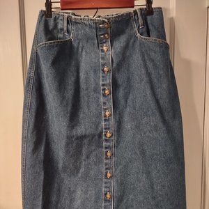 90's Button Down Denim Midi Skirt, Size 14 Petite.